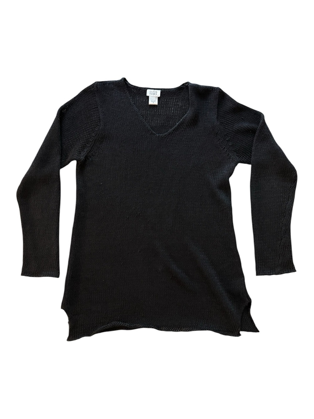 Eileen Fisher Linen Black V-Neck Knit Tunic Top Sweater w/ Side Split Small